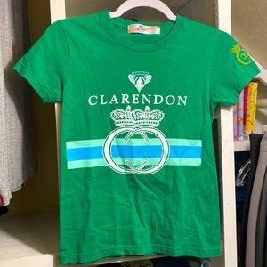 CLARENDON NY Green Crest Tee RARE! Y2K Graphic Small CELEBRITY Jessica Simpson